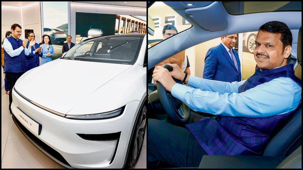 ગઈ કાલે બાંદરા કુર્લા કૉમ્પ્લેક્સમાં શરૂ થયેલા ટેસ્લા એક્સ્પીરિયન્સ સેન્ટરમાં કારને વધાવતા અને અજમાવતા દેવેન્દ્ર ફડણવીસ.