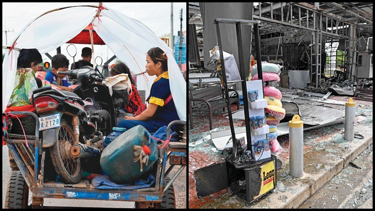 ગઈ કાલે બૉર્ડર વિસ્તારમાંથી પલાયન કરતા થાઇલૅન્ડના લોકો અને કમ્બોડિયાના હુમલામાં તારાજ થઈ ગયેલી એક સુપરમાર્કેટ.