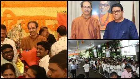 રાજે ઉદ્ધવને લાલ ગુલાબનો મોટો ગુલદસ્તો ભેટ આપ્યો હતો. (તસવીરો: મિડ-ડે અને સતેજ શિંદે)