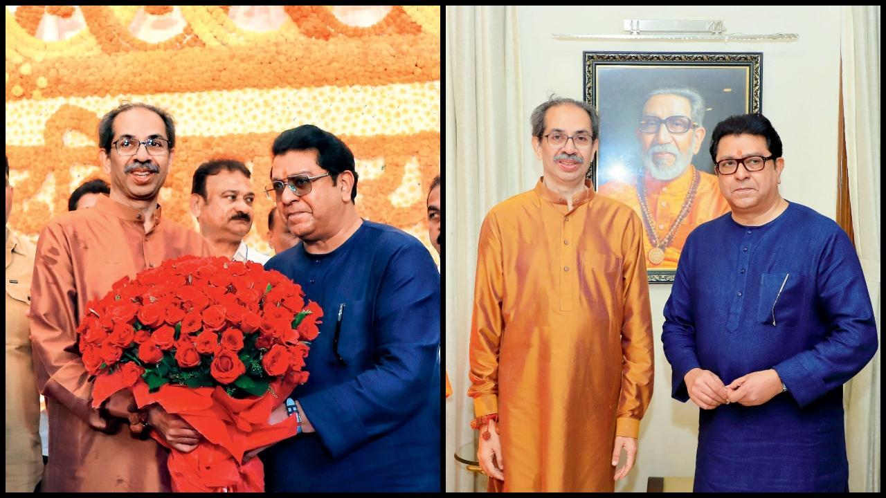 ગઈ કાલે માતોશ્રીમાં ઉદ્ધવ ઠાકરેને ગુલદસ્તો આપતા અને બાળ ઠાકરેની ફોટોફ્રેમ સાથે મોટા ભાઈ ભેગો ફોટો પડાવતા રાજ ઠાકરે.
