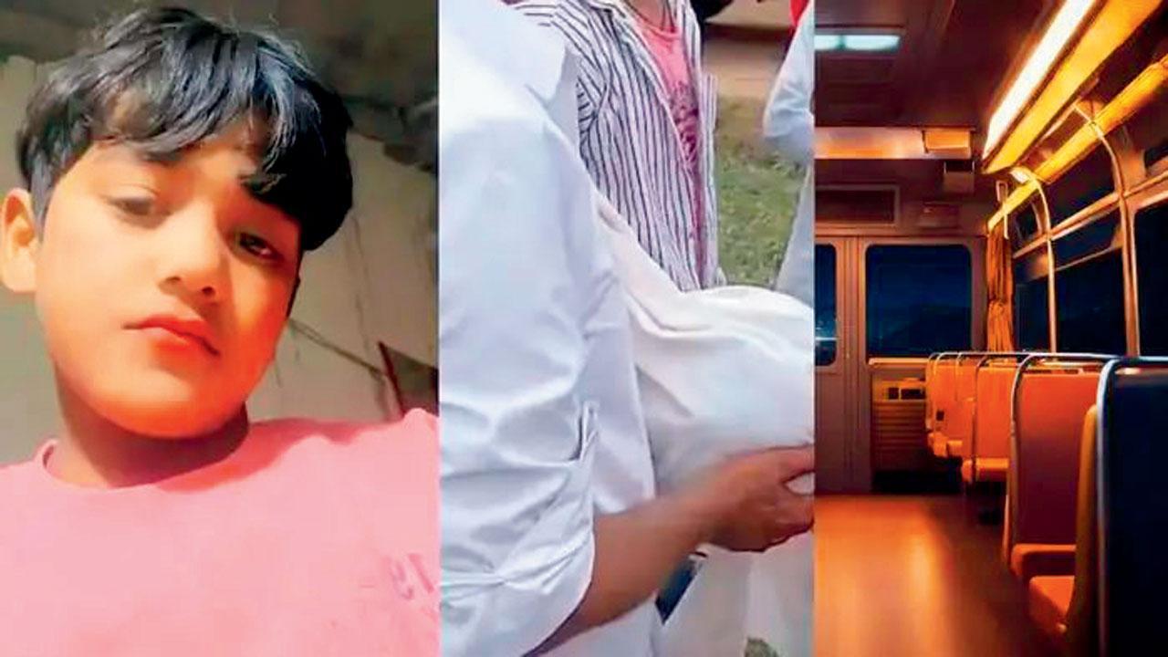 (ડાબેથી) ૧૧ વર્ષનો અલી, અકસ્માત પછી કપડાંથી ઢાંકેલું કપાયેલું માથું અને જે બસમાં આ દુર્ઘટના થઈ હતી એની બારી.