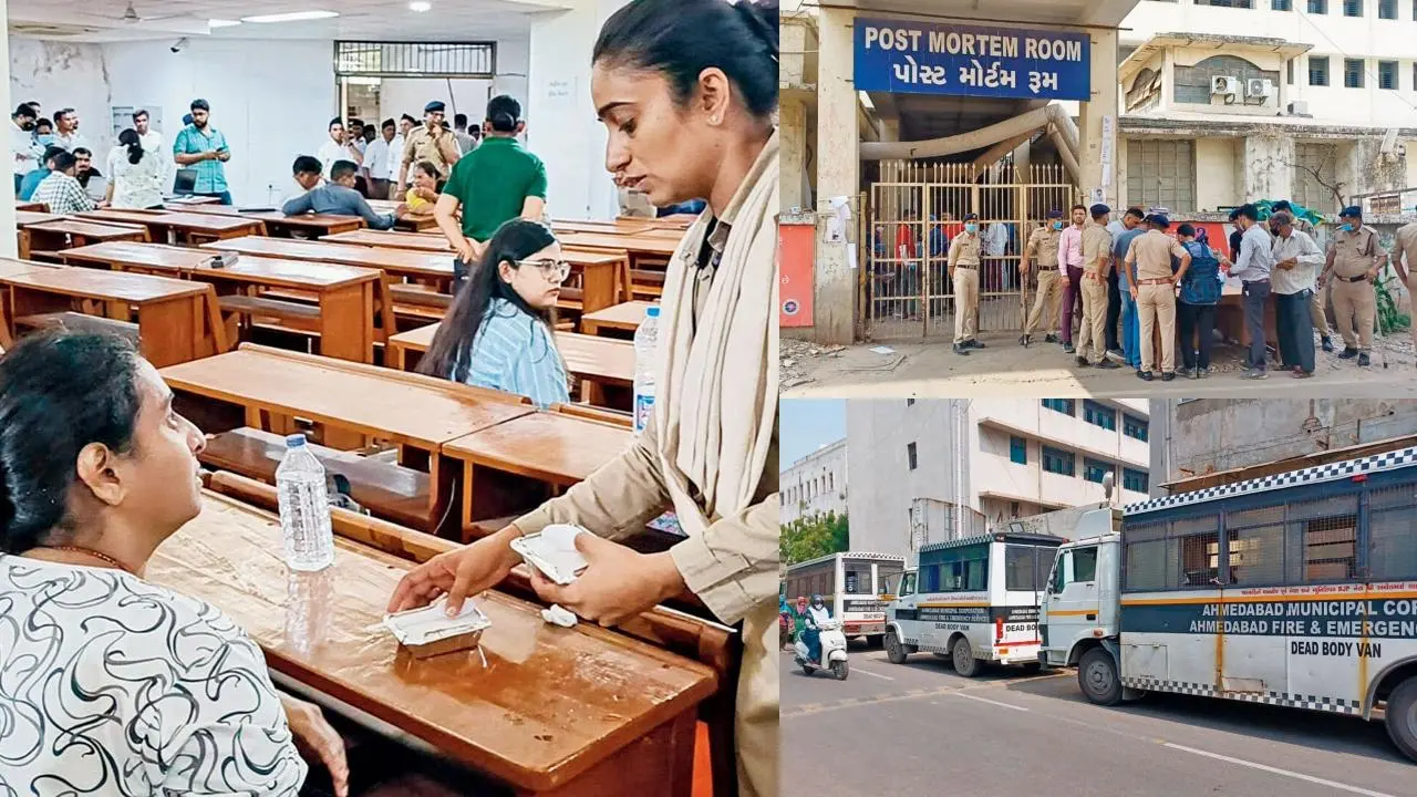 ગઈ કાલે સિવિલ હૉસ્પિટલમાં જીવ  ગુમાવનારી વ્યક્તિઓના સ્વજનોને ચા-નાસ્તો આપતી પોલીસ (ડાબે), સિવિલ હૉસ્પિટલમાં પોસ્ટમૉર્ટમ રૂમની બહાર પોલીસ-ટેબલ પર પૂછપરછ કરતા સ્વજનો અને પોસ્ટમૉર્ટમ રૂમ પાસે ડેડ-બૉડી વૅન (જમણે ઉપર અને નીચે)