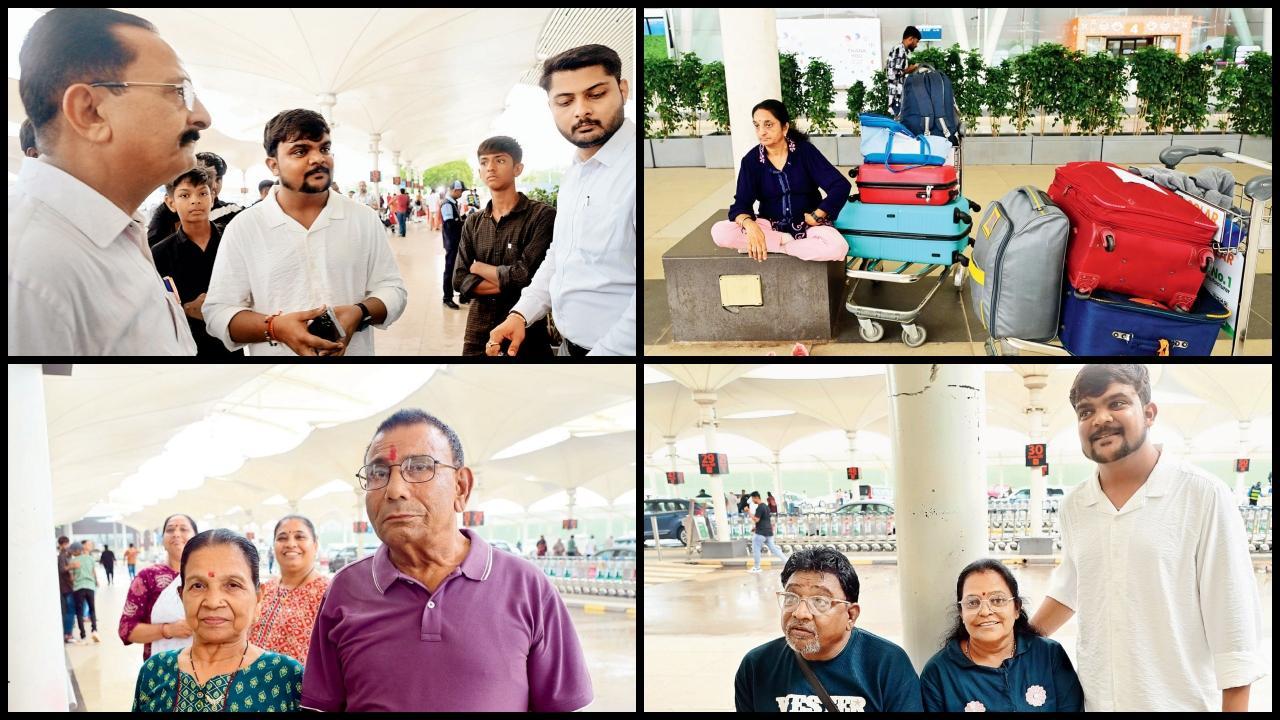 ફ્લાઇટ રદ થયા પછી ગઈ કાલે અમદાવાદ ઍરપોર્ટ પર ગુજરાતીઓ. તસવીરો:  નિમેશ દવે