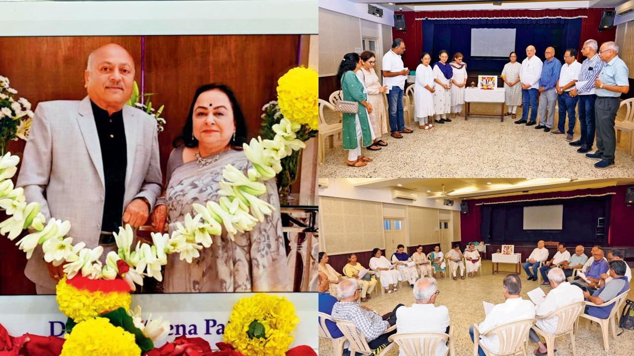 ગઈ કાલે વિલે પાર્લેની એમ. પી. હાઈ સ્કૂલના હૉલમાં દિલીપ અને મીના પટેલને અંજલિ આપવા ભેગા થયેલા સ્કૂલ સમયના મિત્રો (તસવીરો : જિતેન ગાંધી)