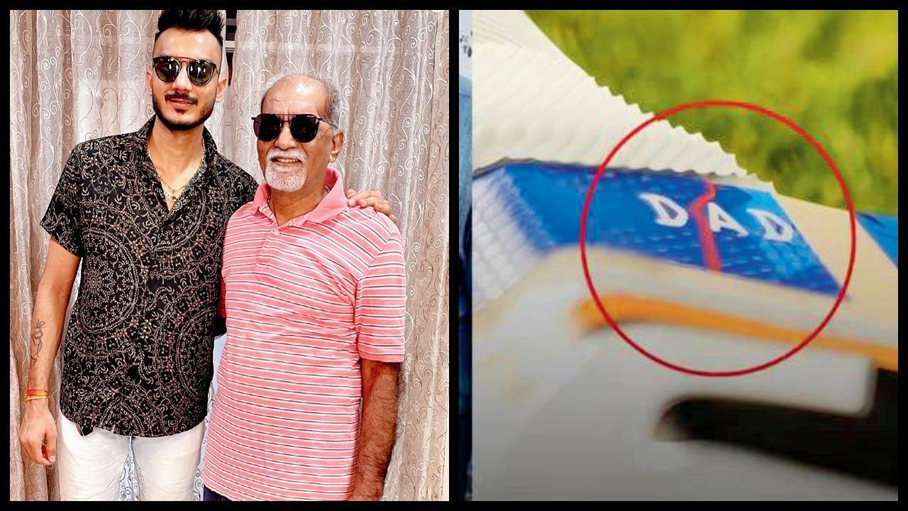 અક્ષર પટેલ તેના પિતા અને અક્ષર પટેલનો બૅટ