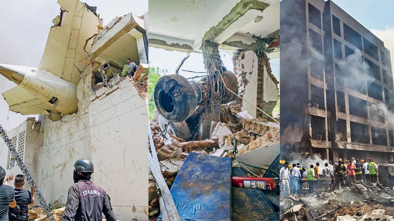 અમદાવાદથી લંડન જતી ફ્લાઇટે બી. જે. મેડિકલ કૉલેજની હૉસ્ટેલ પર ક્રૅશ થયા પછી ધ્વસ્ત બિલ્ડિંગમાં વિમાનના અંશો.