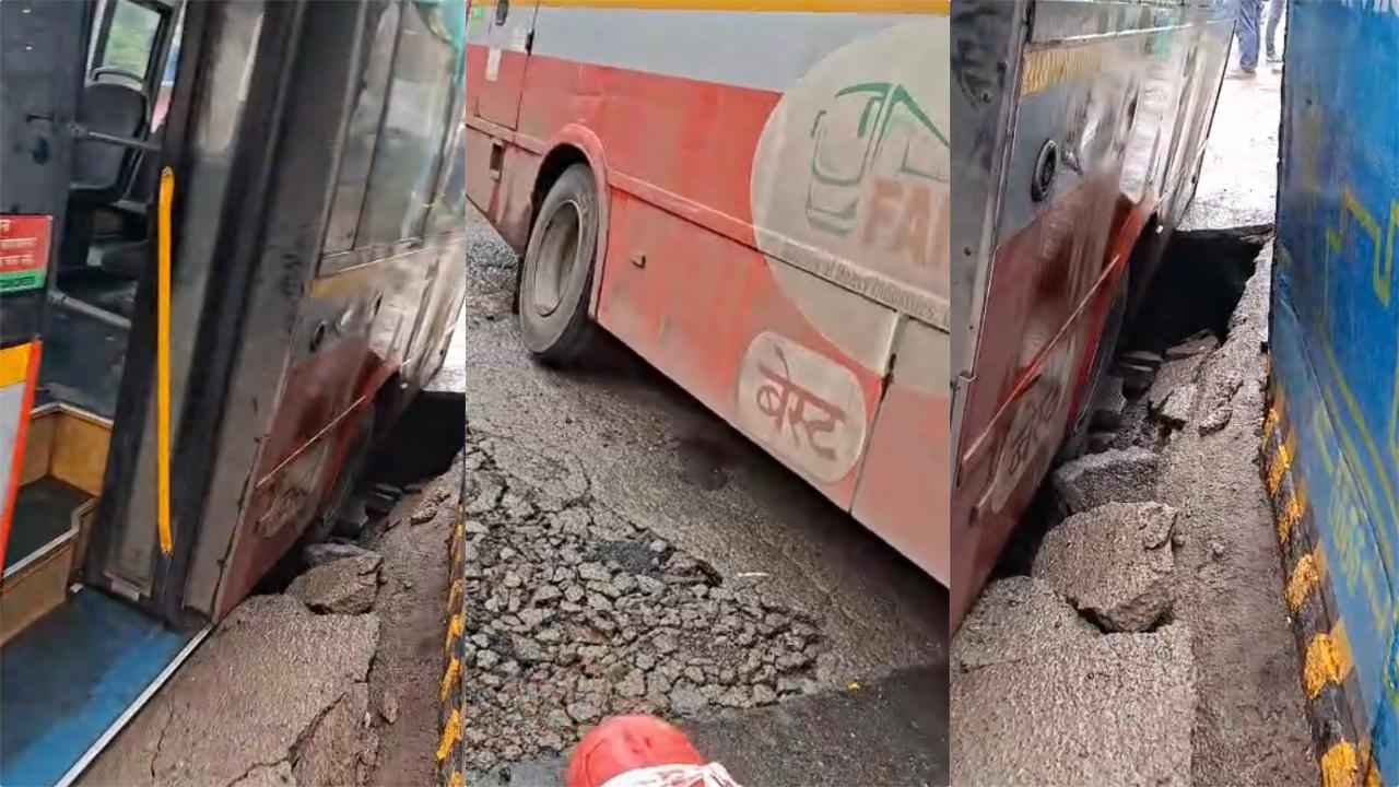 બસનું ટાયર ખાડામાં ફસાઈ ગયું હતું