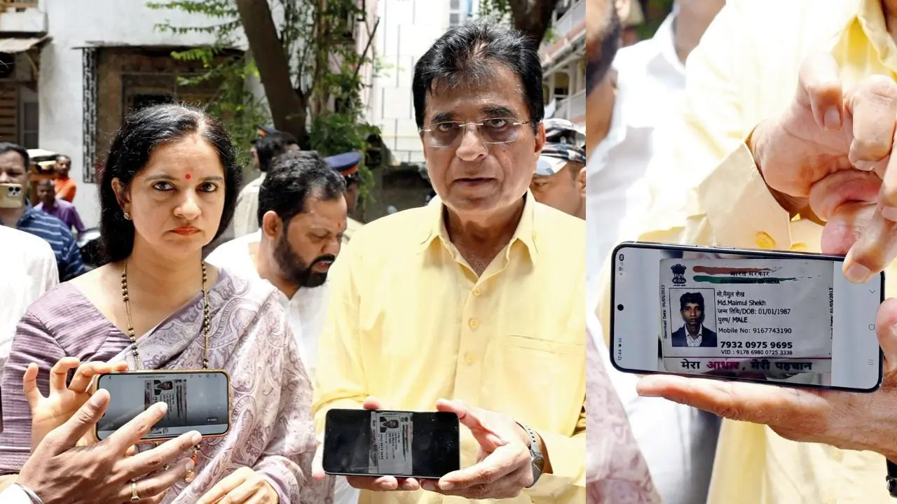 ગઈ કાલે શિવાજી પાર્ક પોલીસ-સ્ટેશનની બહાર બંગલાદેશી નાગરિકનું આધાર કાર્ડ દેખાડતા કિરીટ સોમૈયા (તસવીરો : આશિષ રાજે)