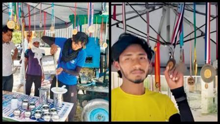 પંજાબના ઍથ્લીટ દુપક કુમારે શેરડીના રસના સ્ટૉલ પર પોતાના મેડલ લટકાવ્યા છે.