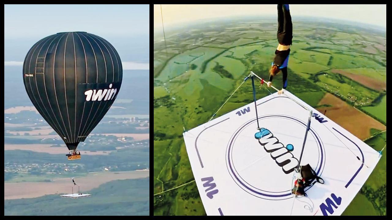 હૉટ ઍર બલૂન સાથે લટકતા પ્લૅટફૉર્મ પર જિમ્નૅસ્ટિક્સના ખેલ કર્યા