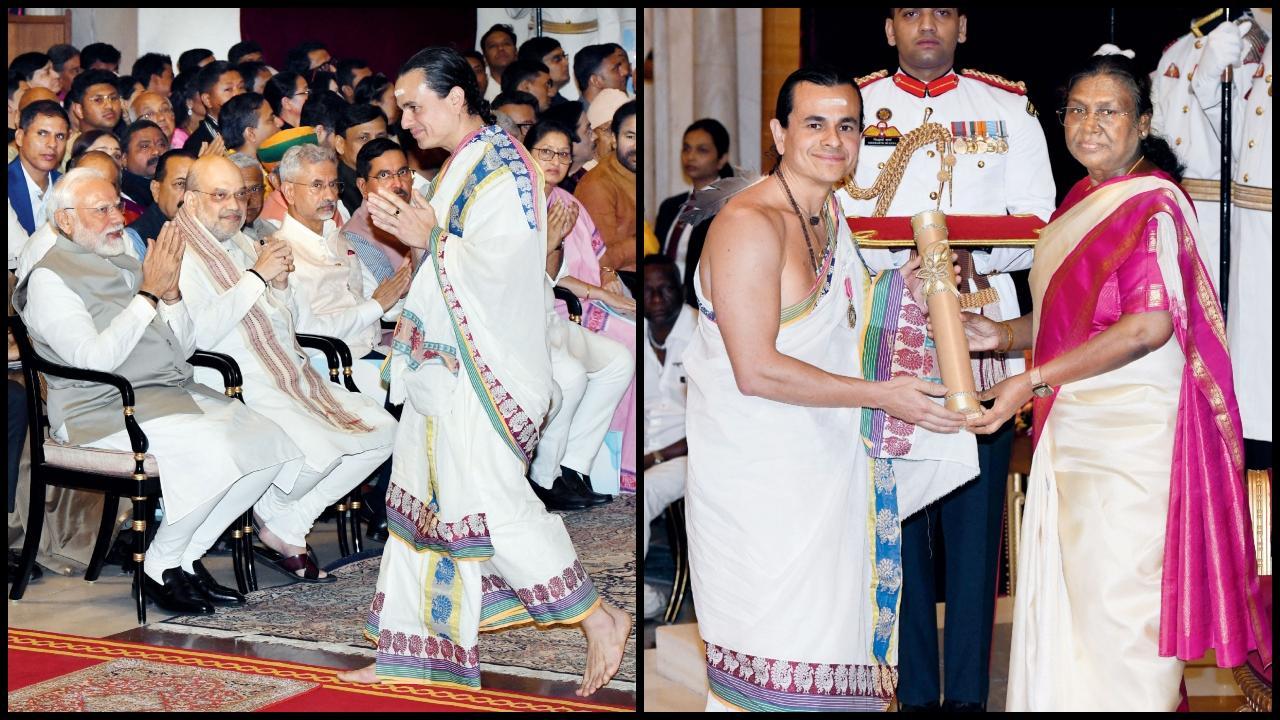 વડા પ્રધાન નરેન્દ્ર મોદીનું અભિવાદન કર્યા પછી રાષ્ટ્રપતિ દ્રૌપદી મુર્મુના હસ્તે પદ્‍મશ્રી સ્વીકારતા વેદાંત આચાર્ય જોનસ મસેટ્ટી.