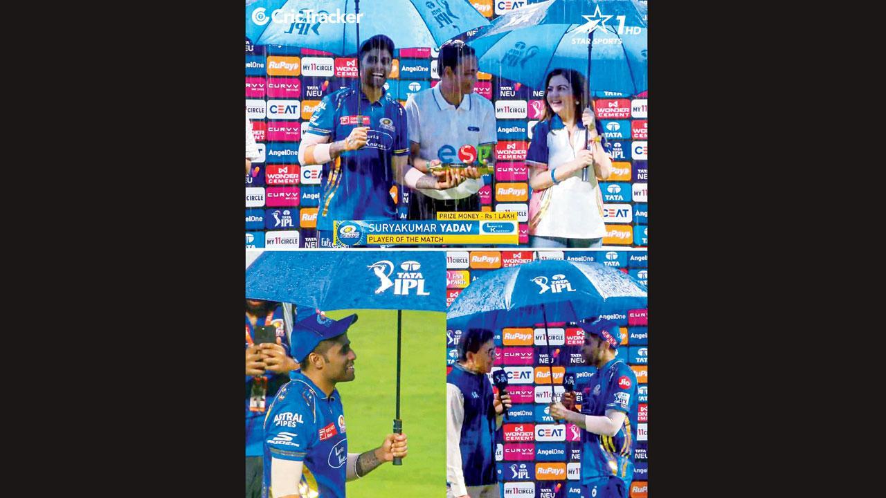 પોસ્ટ-મૅચ અવૉર્ડ સેરેમની દરમ્યાન મુંબઈ ઇન્ડિયન્સનો સ્ટાર બૅટર સૂર્યકુમાર યાદવ છત્રી લઈને પહોંચ્યો હતો