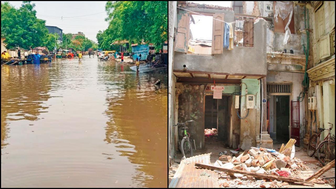 અમદાવાદમાં ભરાયેલાં વરસાદી પાણી અને પડી ગયેલું મકાન. તસવીરો : જનક પટેલ