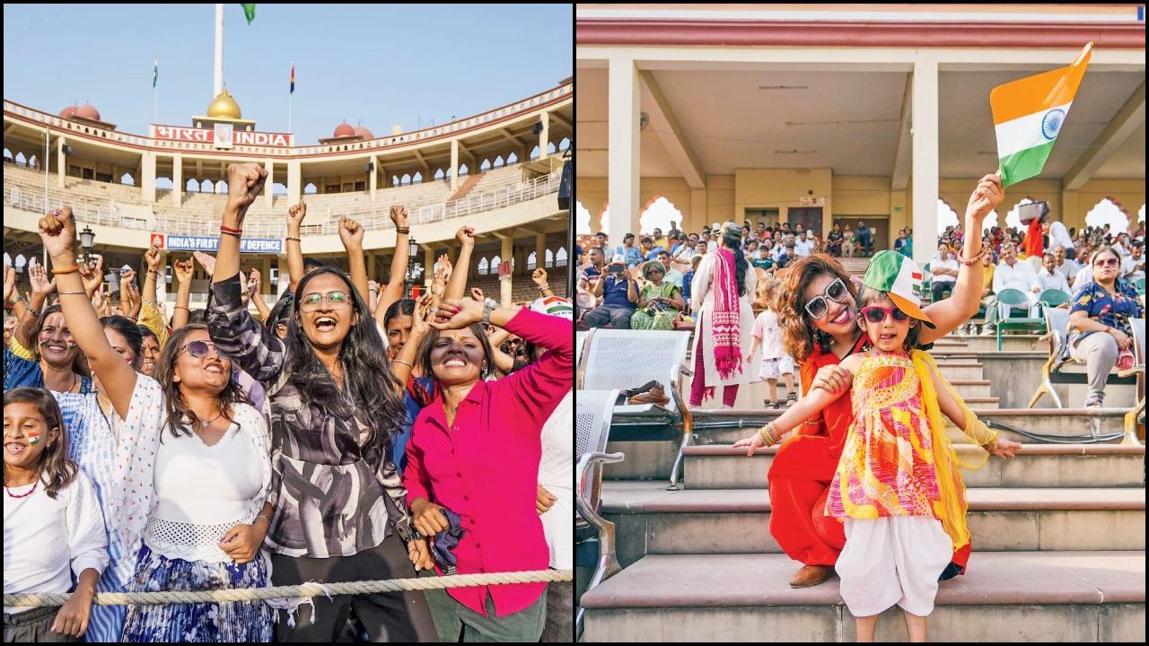 ગઈ કાલે પંજાબમાં અમ્રિતસરની નજીક આવેલા અટારીમાં બીટિંગ રિટ્રીટ સેરેમની વખતે ભારતીયો.