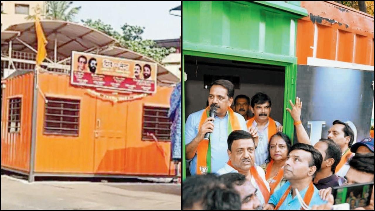 મીરા-ભાઈંદરમાં કન્ટેનરમાં શરૂ કરવામાં આવેલી શિવસેનાની શાખા અને BJPએ કન્ટેનરમાં શરૂ કરેલું જનસંપર્ક કાર્યાલય.