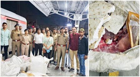 વડોદરા રેલવે સ્ટેશન પર જપ્ત કરવામાં આવેલું ગોમાંસ અને પોલીસ સાથે નેહા પટેલ.