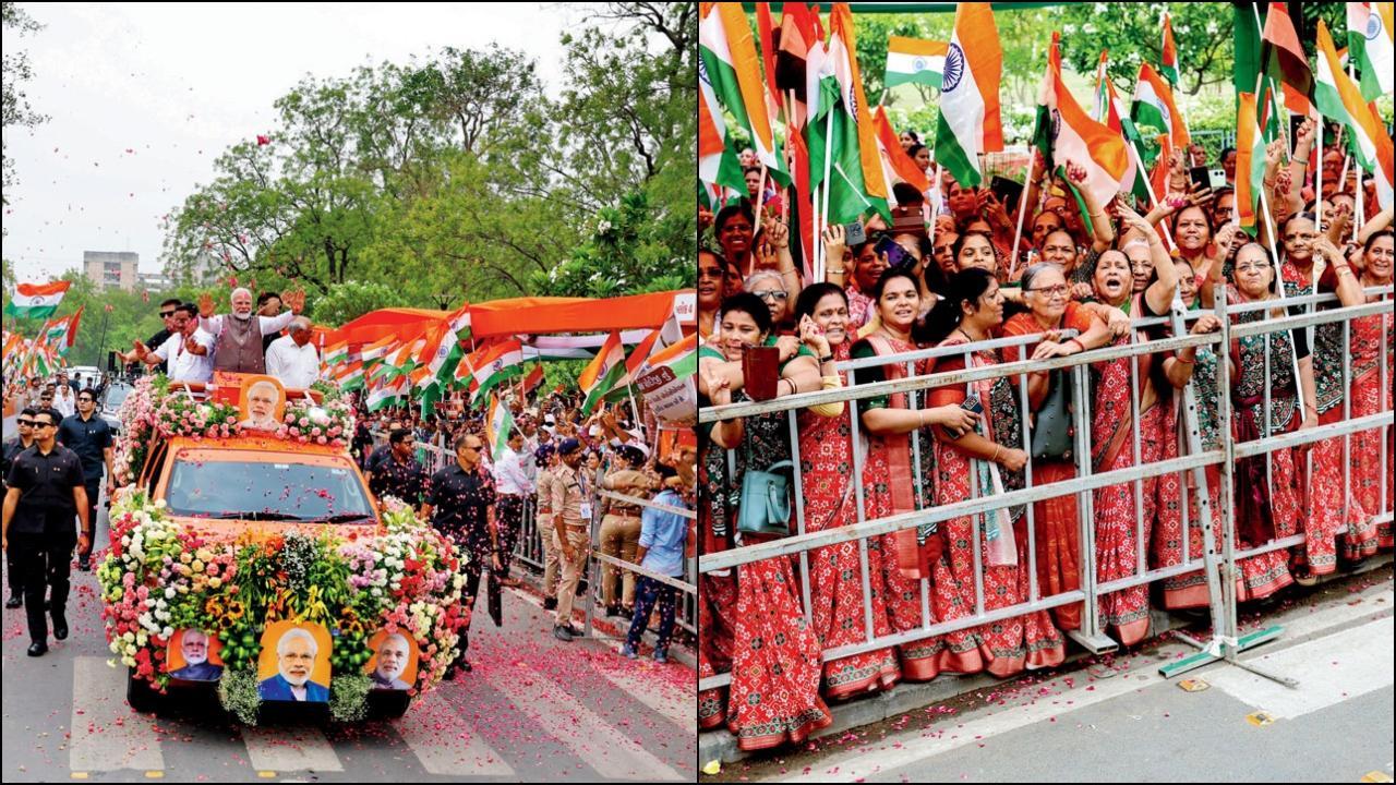 ગાંધીનગરના રોડ-શોમાં લોકોનું અભિવાદન ઝીલી રહેલા નરેન્દ્ર મોદી, એક જ કલરની સાડી પહેરીને અસંખ્ય મહિલાઓ રોડ-શોમાં આવી હતી.