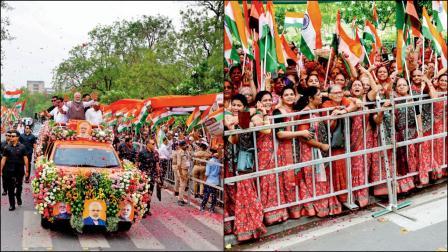 ગાંધીનગરના રોડ-શોમાં લોકોનું અભિવાદન ઝીલી રહેલા નરેન્દ્ર મોદી, એક જ કલરની સાડી પહેરીને અસંખ્ય મહિલાઓ રોડ-શોમાં આવી હતી.