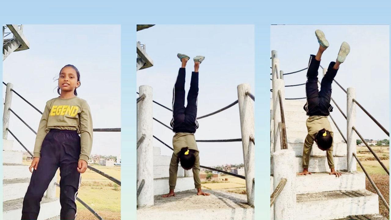 મીઠી હૅન્ડસ્ટૅન્ડ કરીને પગથિયાં ઊતરે છે