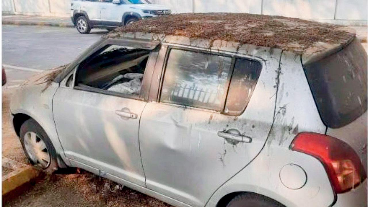 રસ્તામાં લાંબા સમયથી પાર્ક કરેલી કાર પર ધૂળ ચડી ગઈ છે.