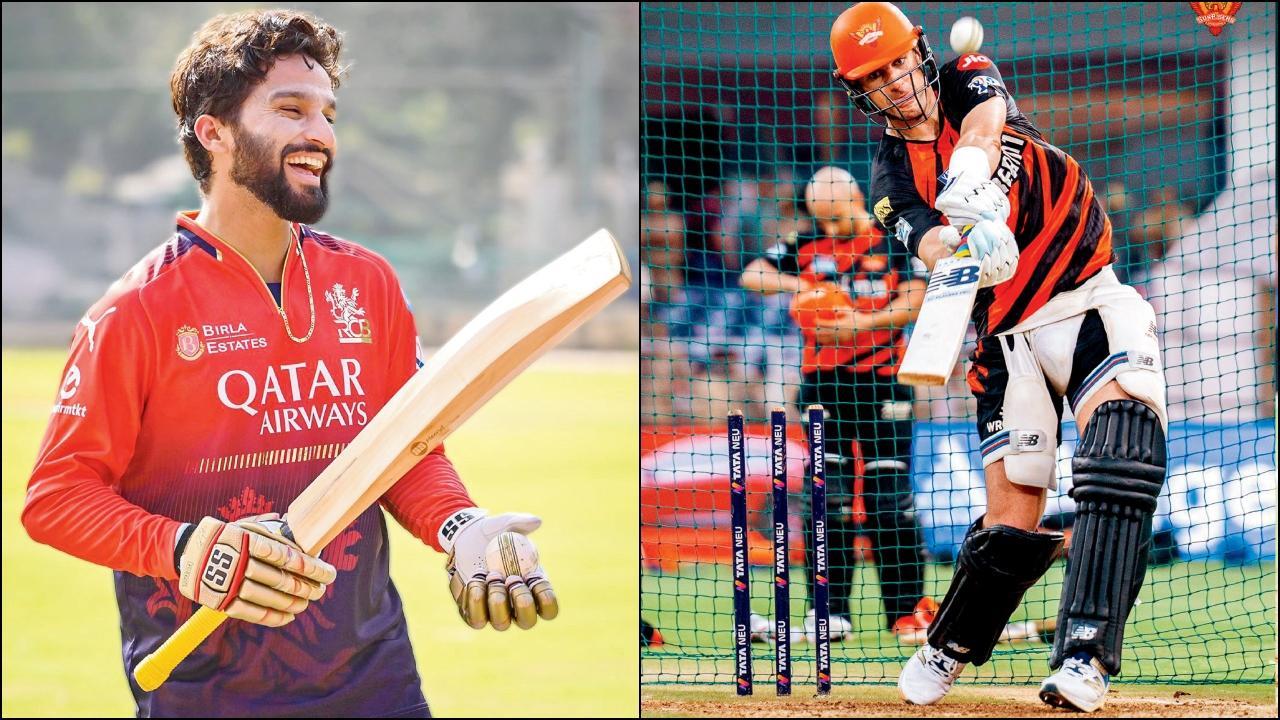 પ્રૅક્ટિસ-સેશન દરમ્યાન હળવા મૂડમાં જોવા મળ્યો બૅન્ગલોરને કૅપ્ટન રજત પાટીદાર (ડાબે) અને હૈદરાબાદના કૅપ્ટન પૅટ કમિન્સે જબરદસ્ત બૅટિંગ-પ્રૅક્ટિસ કરી (જમણે).