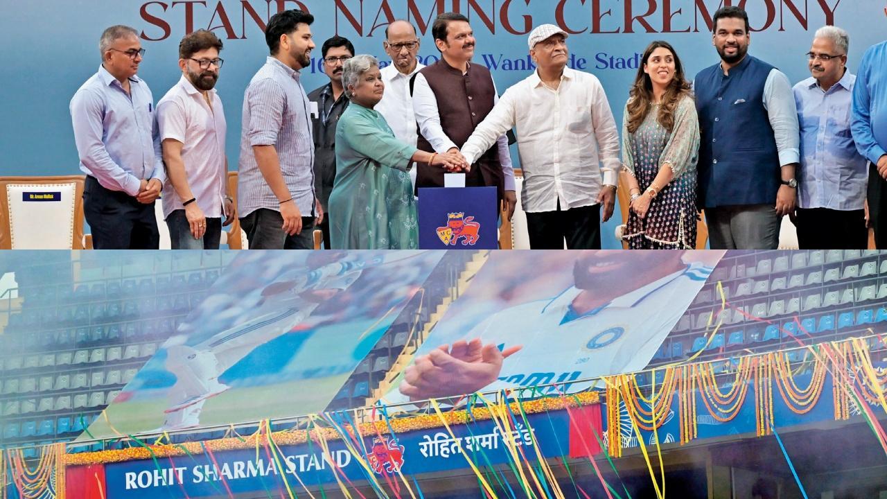 વાનખેડે સ્ટેડિયમમાં દેવેન્દ્ર ફડણવીસ સાથે દીકરાના નામના સ્ટૅન્ડનું બટન દબાવીને ઉદ્ઘાટન કરતાં રોહિત શર્માનાં મમ્મી-પપ્પા (તસવીરો : સૈયદ સમીર અબેદી)