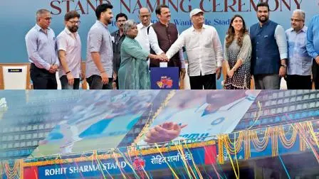 વાનખેડે સ્ટેડિયમમાં દેવેન્દ્ર ફડણવીસ સાથે દીકરાના નામના સ્ટૅન્ડનું બટન દબાવીને ઉદ્ઘાટન કરતાં રોહિત શર્માનાં મમ્મી-પપ્પા (તસવીરો : સૈયદ સમીર અબેદી)
