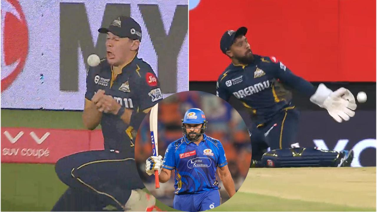 રોહિત શર્માનો કૅચ છોડનાર ગેરાલ્ડ કોટઝી અને કુસલ મેન્ડિસ (તસવીર: X)