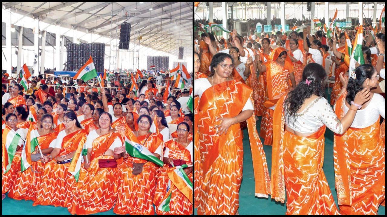 ભુજમાં સિંદૂરી સાડી પહેરીને આવેલી મહિલાઓ ગરબે ઘૂમી હતી.