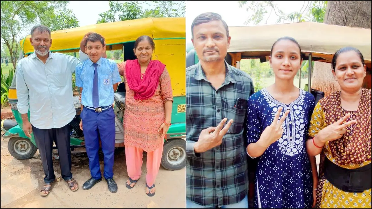 જયમીન કાયસ્થને તેનાં માતા-પિતાએ આશીર્વાદ આપ્યા હતા, વેદાંશી મકવાણા તેનાં મમ્મી-પપ્પા સાથે. તસવીરો : જનક પટેલ