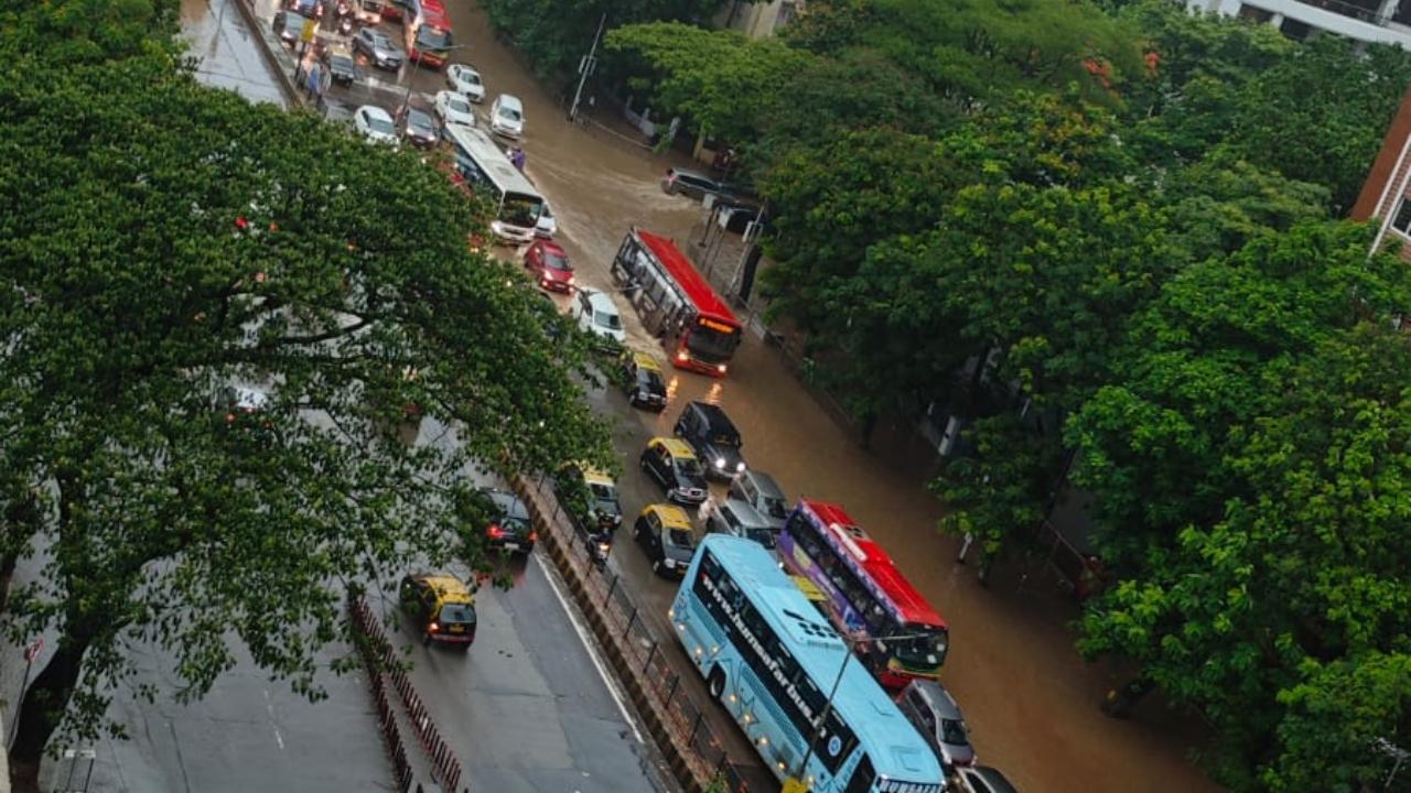 ડૉ. બાબાસાહેબ આંબેડકર રોડ પર પાણી ભરાવાના કારણે કિંગ્સ સર્કલ ફ્લાયઓવર અને દાદર ટીટી ફ્લાયઓવર વચ્ચે ભારે ટ્રાફિક (તસવીર સૌજન્ય: સચિન કાલબાગ)