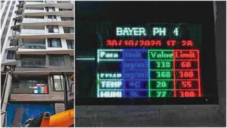 બાંદરા-ઈસ્ટના એક અન્ડર-કન્સ્ટ્રક્શન બિલ્ડિંગમાં ઍર-પૉલ્યુશન માપવા માટેનું ડિજિટલ મૉનિટર. તસવીરો : નિમેશ દવે.