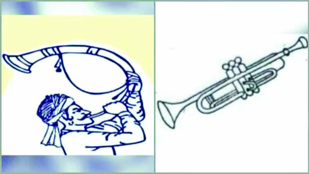 તુતારીવાદક અને ટ્રમ્પેટ એવાં બે એક જેવાં દેખાતાં ચૂંટણી-સિમ્બૉલ.