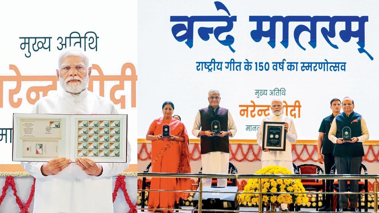 ગઈ કાલે ન્યુ દિલ્હીના ઇન્દિરા ગાંધી ઇન્ડોર સ્ટેડિયમમાં રાષ્ટ્રીય ગીત ‘વન્દે માતરમ્’‍ની રચનાને ૧૫૦ વર્ષ પૂરાં થયાં એ ઉપક્રમે ખાસ સ્ટૅમ્પનું લોકાર્પણ કરી રહેલા નરેન્દ્ર મોદી (ડાબે); ગઈ કાલે દિલ્હીના એક્ઝિબિશનમાં રાષ્ટ્રીય ગીતની સ્મૃતિમાં બહાર પડાયેલા સિક્કાઓનું લોકાર્પણ કરી રહેલાં (ડાબેથી) દિલ્હીનાં મુખ્ય પ્રધાન રેખા ગુપ્તા, કેન્દ્રીય સાંસ્કૃતિક પ્રધાન ગજેન્દ્ર સિંહ શેખાવત, નરેન્દ્ર મોદી અને દિલ્હીના લેફ્ટનન્ટ ગવર્નર વિનય સક્સેના. 