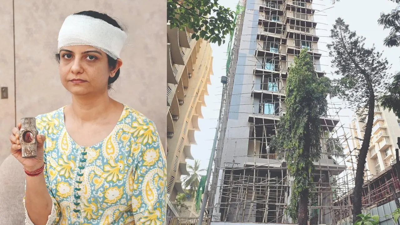 દેરાસરની સામે આવેલું અન્ડર કન્સ્ટ્રક્શન મકાન. એના અગિયારમા માળેથી પોતાના માથા પર પડેલું હથોડાનું પાનું બતાવી રહેલાં ડૉ. અક્ષા ઠોલિયા. તસવીરો:  સતેજ શિંદે