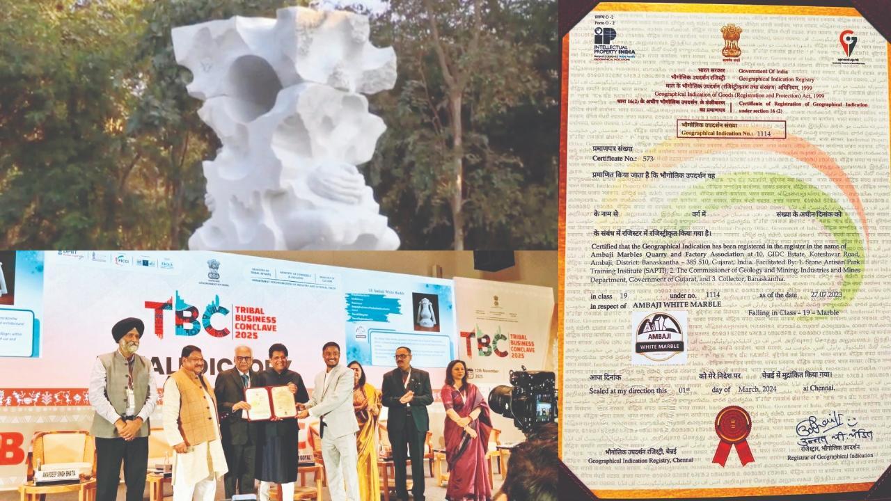 અંબાજીના સફેદ માર્બલમાંથી બનેલું સ્કલ્પ્ચર અને GI ટૅગનું સર્ટિફિકેટ, કેન્દ્રીય ઉદ્યોગપ્રધાન પીયૂષ ગોયલે બનાસકાંઠાના ભૂસ્તરશાસ્ત્રી ગુરુપ્રીતસિંહને GI ટૅગનું સર્ટિફિકેટ આપ્યું હતું.