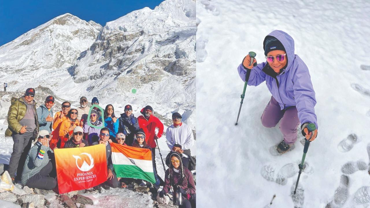 એવરેસ્ટ બેઝ કૅમ્પ સર કર્યા બાદ પોતાની ટીમ સાથે ખુશખુશાલ મોનિતા ઝવેરી, બરફમાં કપરાં ચડાણ ચડી રહેલાં  મોનિતા ઝવેરી.