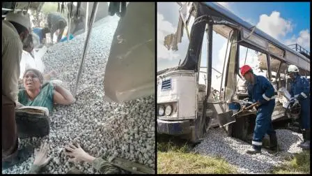 અકસ્માતમાં કાંકરીમાં ફસાયા હતા લોકો અને ટક્કર બાદ બસની હાલત (તસવીર: એજન્સી અને X) 