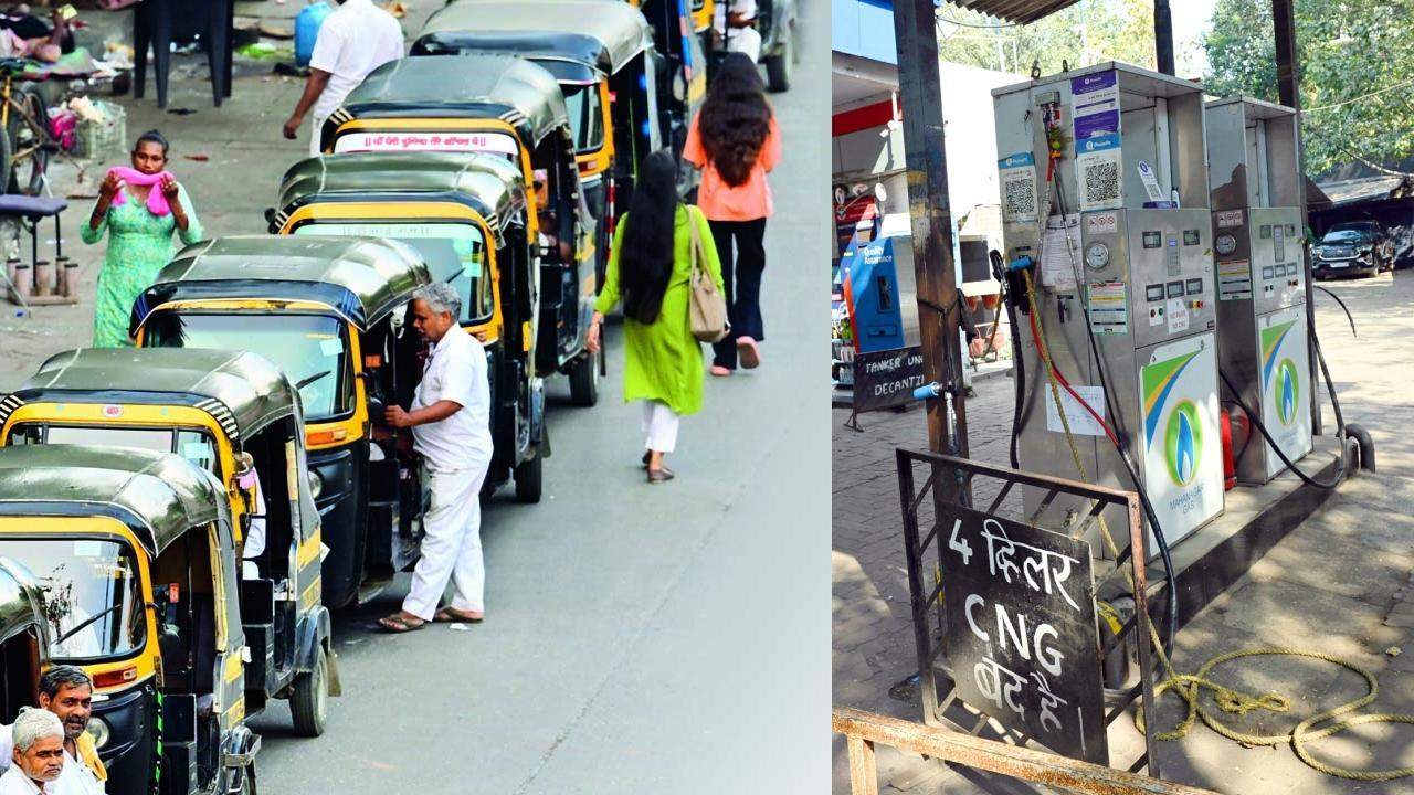 કાંદિવલીના ચારકોપમાં CNG પમ્પની બહાર રિક્ષાની લાંબી લાઇન લાગી હતી. બાંદરા તળાવ નજીકના CNG પમ્પ પર ફોર-વ્હીલર માટે CNG બંધ હોવાનું બોર્ડ માર્યું હતું. (તસવીરો: સૈયદ સમીર અબેદી / નિમેશ દવે)