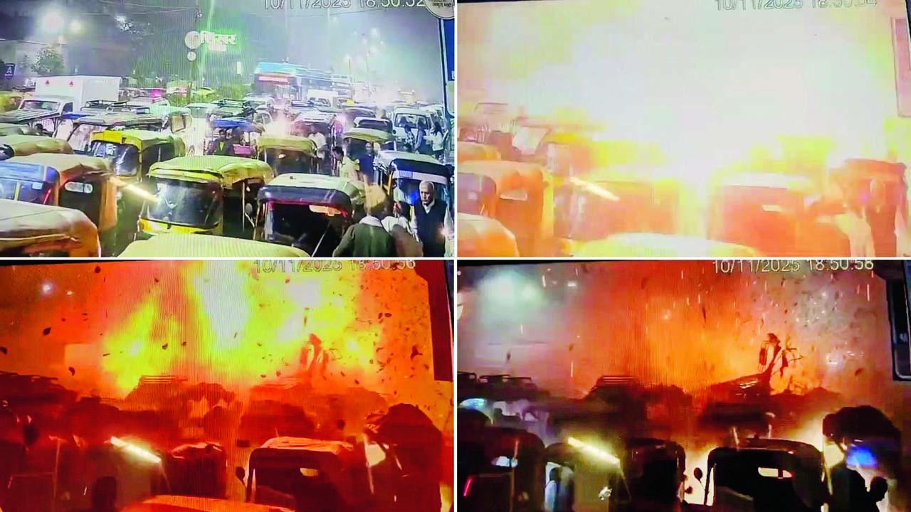 સોમવારે દિલ્હીમાં થયેલા બૉમ્બ-બ્લાસ્ટનું CCTV કૅમેરાનું ફુટેજ. કારમાં વિસ્ફોટ થયો ત્યારે ખાસ્સો ટ્રાફિક હોવાથી આસપાસનાં વાહનો પણ બળી ગયાં હતાં.