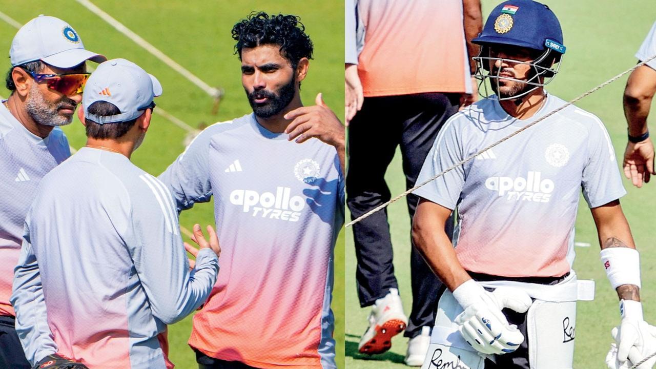 ગઈ કાલે ઈડન ગાર્ડન્સમાં પ્રૅક્ટિસ દરમ્યાન ભારતીય હેડ કોચ ગૌતમ ગંભીર અને બૅટિંગ કોચ સિતાંશુ કોટક સાથે વાતચીત કરી રહેલો રવીન્દ્ર જાડેજા. ગંભીરે ત્યાર બાદ ધ્રુવ જુરેલ સાથે પણ વાતચીત કરી હતી.