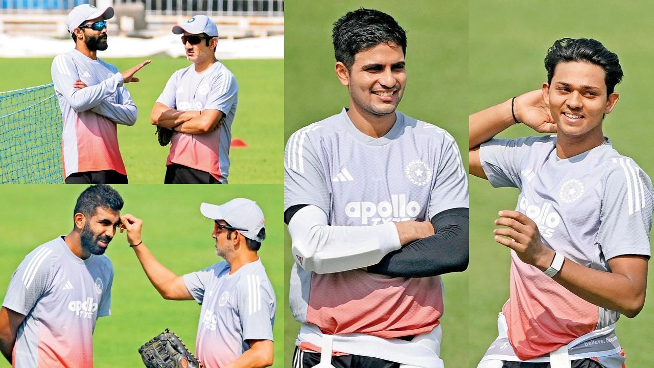 ગઈ કાલે પ્રૅક્ટિસ દરમ્યાન ભારતીય હેડ કોચ ગૌતમ ગંભીર સાથે વાતચતી કરી રહેલા રવીન્દ્ર જાડેજા અને જસપ્રીત બુમરાહ