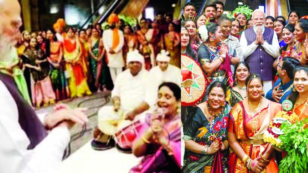 ગઈ કાલે જોહનિસબર્ગમાં ‘ગંગા મૈયા’ ગીત માણી રહેલા નરેન્દ્ર મોદી. ભારતીય સમુદાયના લોકો સાથે નરેન્દ્ર મોદી.