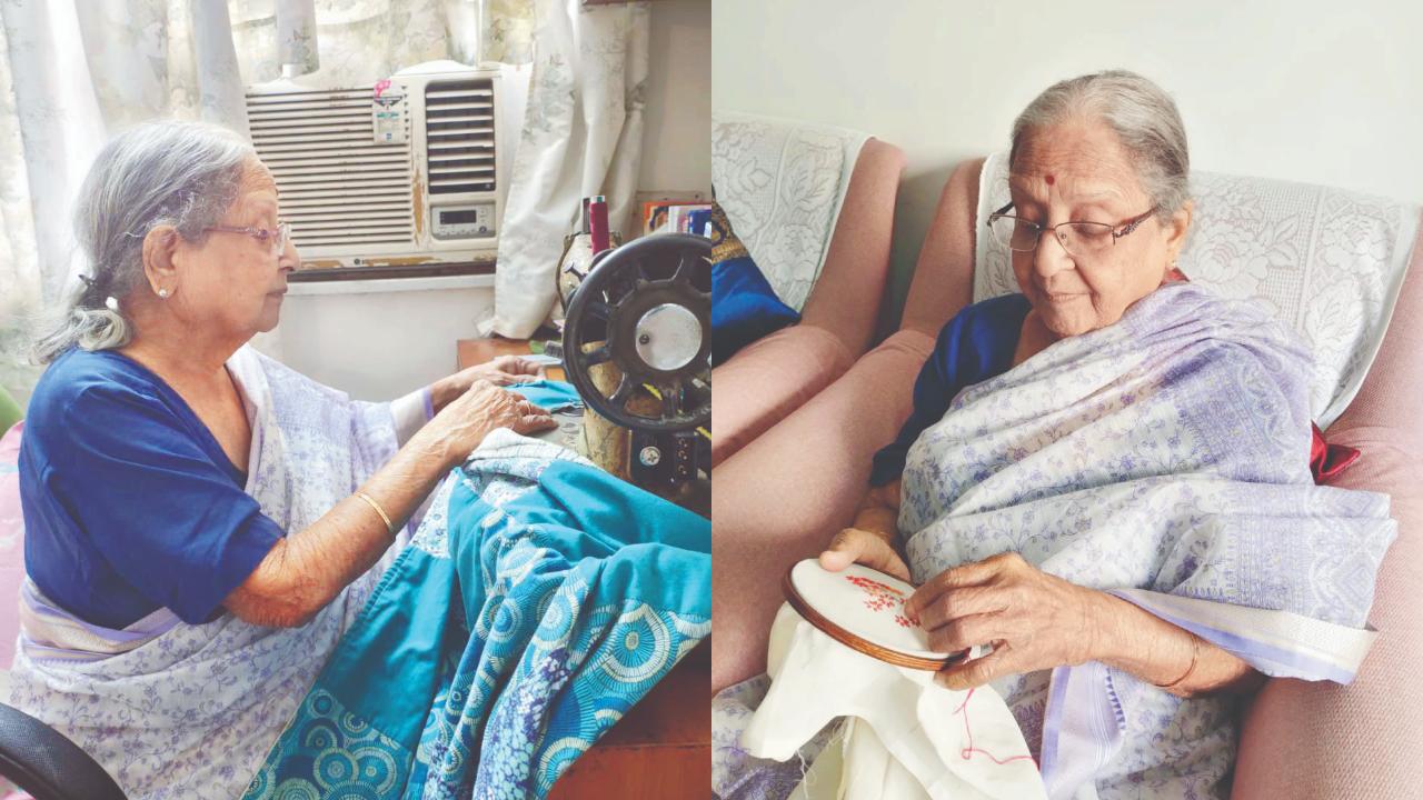 રૂમાલ પર ભરતકામ કરતાં, સિલાઈ મશીન પર કામ કરતાં મીનાબહેન દિવેટિયા.