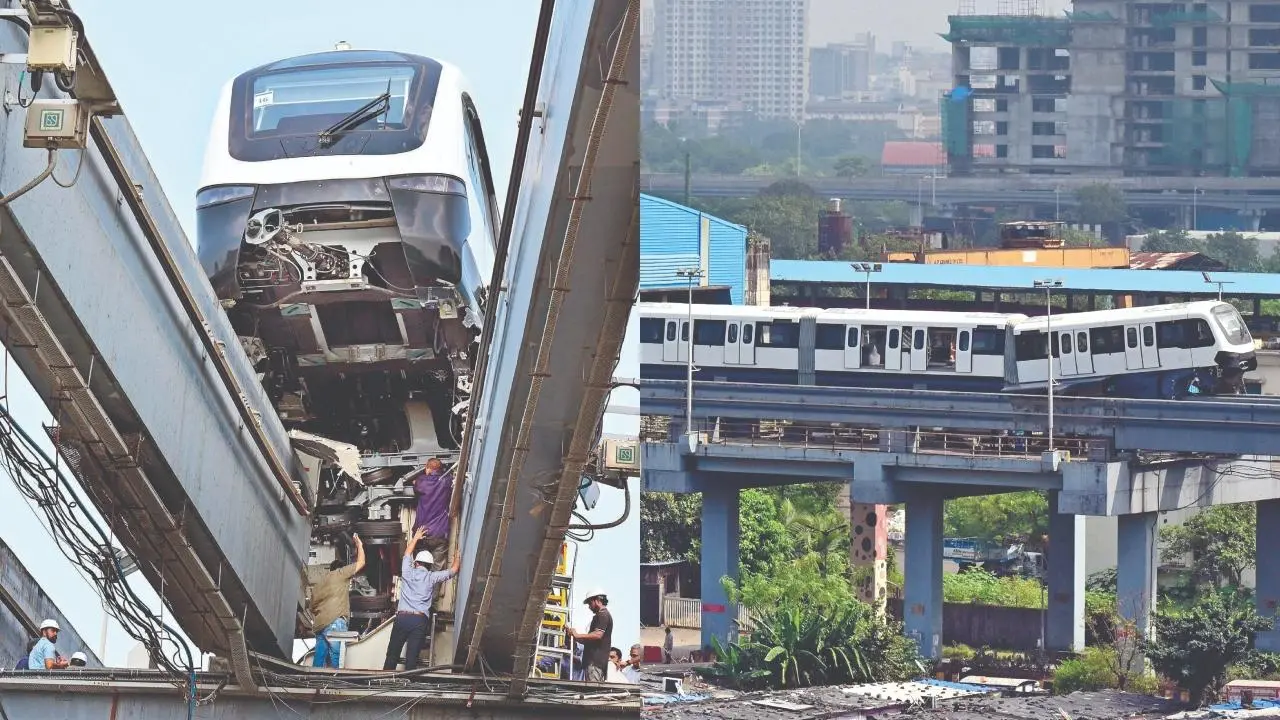 વડાલા ડેપોની બહાર ક્રૉસ ઓવર પૉઇન્ટ પર બે બીમ વચ્ચે ઝોલાં ખાતી મોનોરેલ. તસવીરો: શાદાબ ખાન