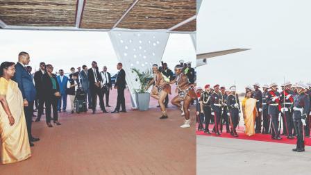 ગઈ કાલે બૉટ‍્સવાના પહોંચેલાં રાષ્ટ્રપતિ દ્રૌપદી મુર્મુનું પરંપરાગત સ્વાગત કરવામાં આવ્યું હતું.