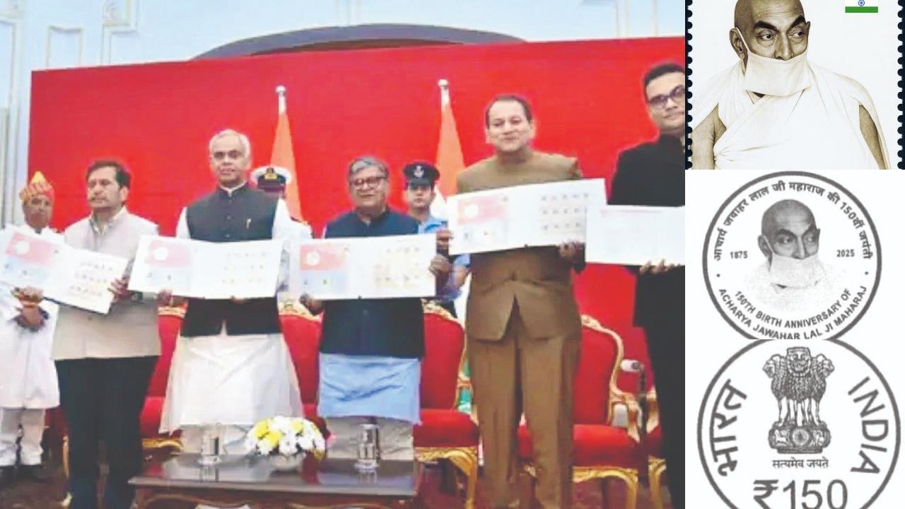 સ્મારક સ્ટૅમ્પ અને સિક્કાને રિલીઝ કરતા ગુજરાત અને મહારાષ્ટ્રના રાજ્યપાલ આચાર્ય દેવવ્રત તથા પંજાબના રાજ્યપાલ ગુલાબચંદ કટારિયા તેમ જ બહાર પાડવામાં આવેલાં સ્મારક સ્ટૅમ્પ અને સિક્કો.