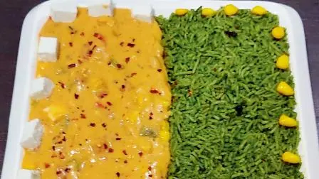 પાલક રાઇસ વિથ એક્ઝૉટિક્સ વેજિસ ઇન પૅપરિકા સૉસ