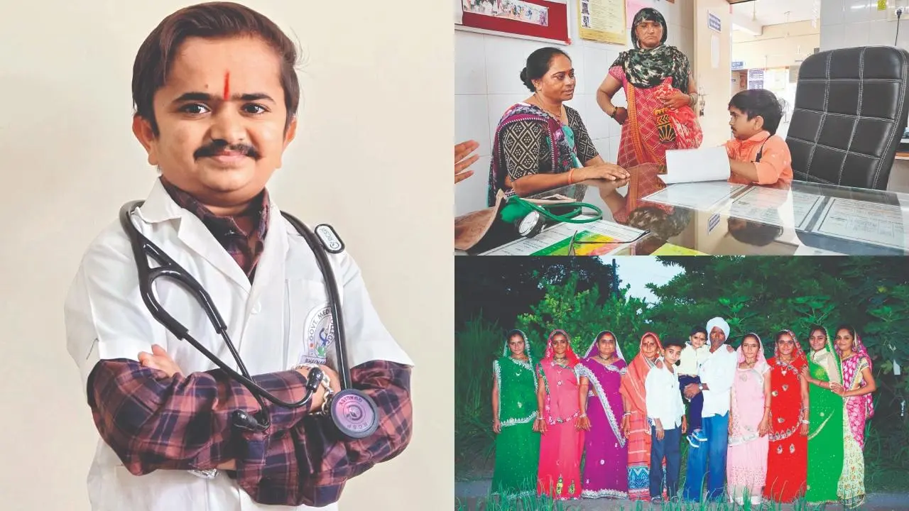 ભાવનગરની સરકારી હૉસ્પિટલમાં ડૉક્ટર તરીકે ચાર્જ સંભાળ્યા બાદ દરદીઓનું ચેકઅપ કરતા ડૉ. ગણેશ બારૈયા અને બીજી તસવીરમાં માતા-પિતા અને ભાઈ–બહેનો સાથે ડૉ. ગણેશ બારૈયા.