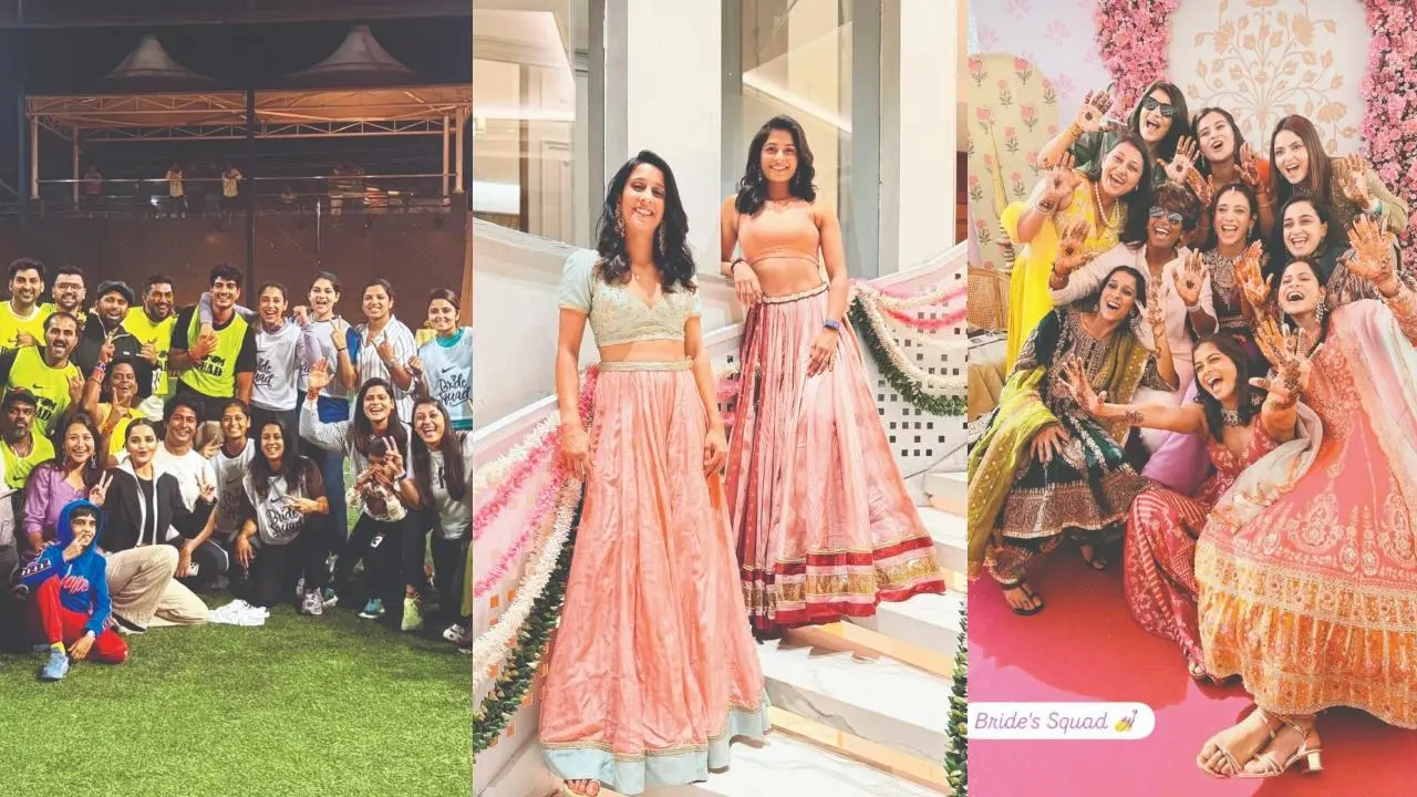 ફ્રેન્ડ્લી મૅચ બાદ દુલ્હા-દુલ્હન ટીમ, જેમિમા રૉડ્રિગ્સ અને શ્રેયંકા પાટીલ, મેંદી-સેરેમની દરમ્યાન સ્મૃતિ સાથે ભારતીય ટીમ. 